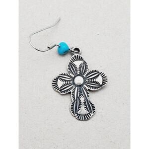 Navajo Cross Dangle Drop Hook Earring Turquoise Gemstone Bead, One Single